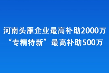 河南頭雁企業最高補助2000萬、“專精特新”最高補助500萬 