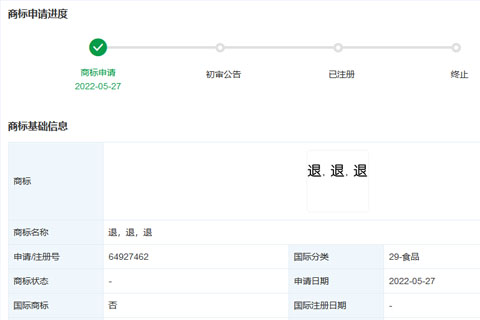 網紅“退，退，退”商標被搶注？（29類食品）